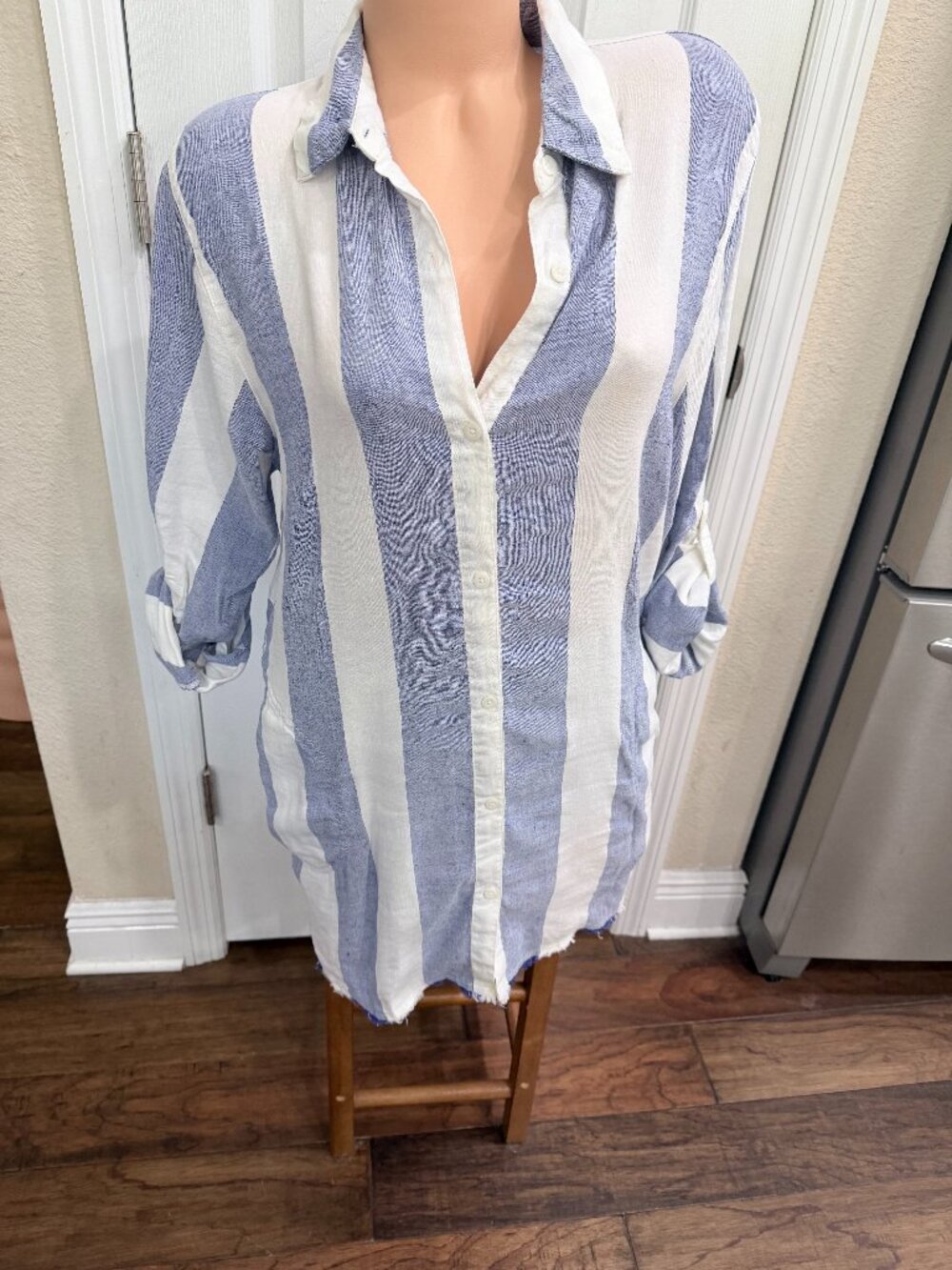 Tommy Bahama Large Linen Blend Blue White Stripe Tunic Shirt Coastal